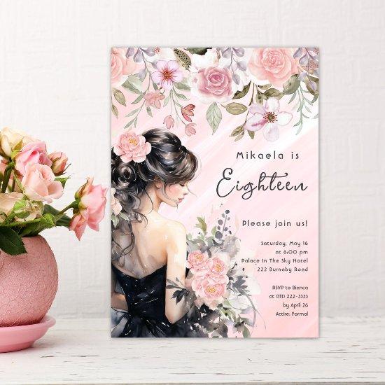 Pink Floral Black Gown 18th Birthday