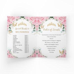 Pink Floral Dress Gold Quinceañera Order of Events Program