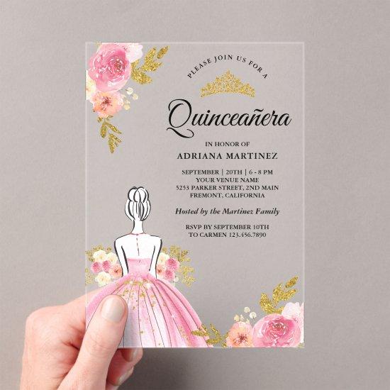 Pink Floral Dress Princess Gold Quinceanera Acrylic