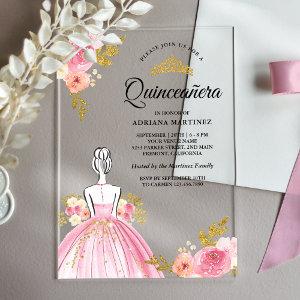 Pink Floral Dress Princess Gold Quinceanera Acrylic