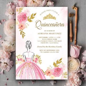 Pink Floral Dress Princess Gold Quinceanera
