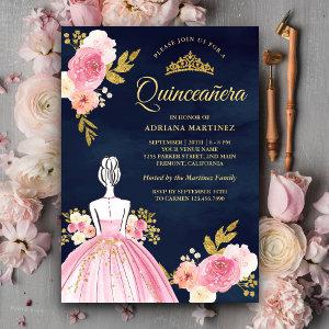 Pink Floral Dress Princess Navy Blue Quinceanera