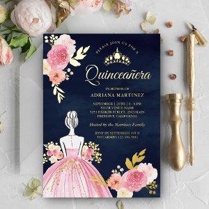 Pink Floral Dress Princess Navy Quinceanera Gold Foil