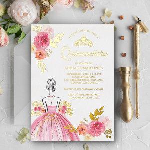 Pink Floral Dress Princess Quinceanera Gold Foil
