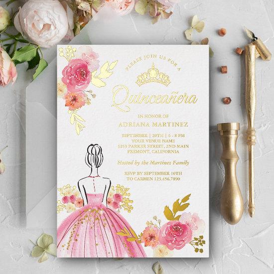 Pink Floral Dress Princess Quinceanera Gold Foil