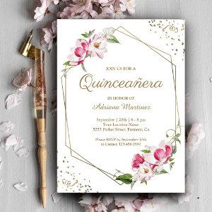 Pink Floral Geometric Gold Frame Quinceanera
