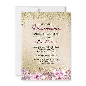Pink Floral Gold Glitter Shimmer Quinceanera