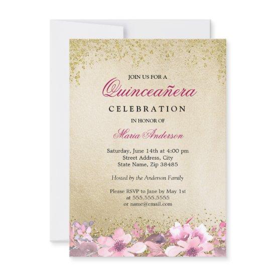 Pink Floral Gold Glitter Shimmer Quinceanera