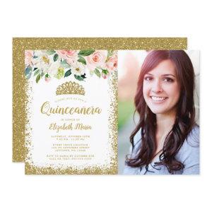 Pink Floral Gold Glitter Tiara Quinceanera Photo
