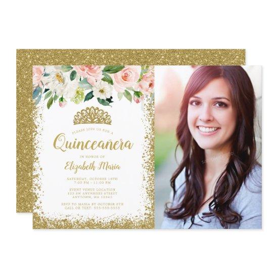 Pink Floral Gold Glitter Tiara Quinceanera Photo