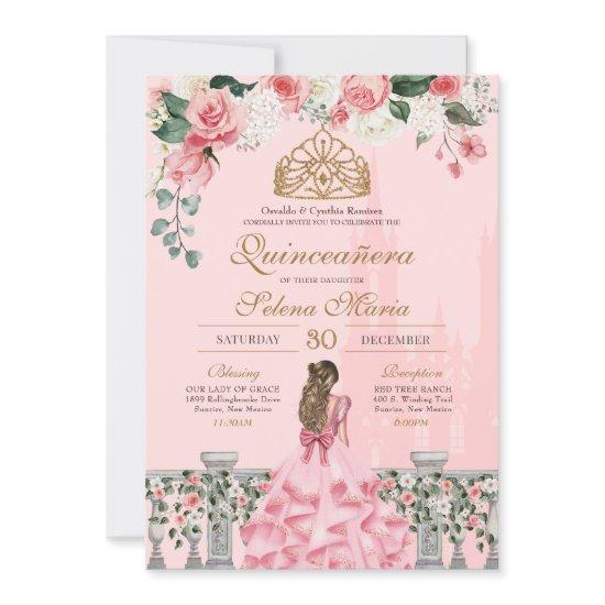 Pink Floral & Gold Princess Fairytale Quinceanera