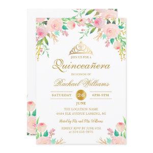 Pink Floral Gold Tiara Quinceañera 15th Birthday