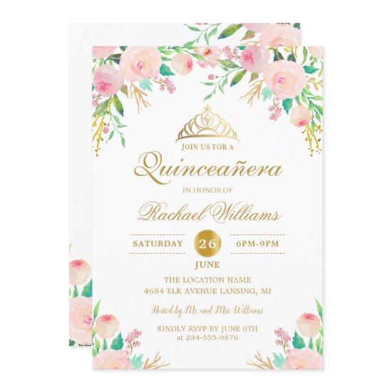 Pink Floral Gold Tiara Quinceañera 15th Birthday
