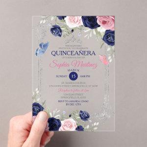 Pink Floral Navy Blue Butterfly Silver Quinceañera Acrylic