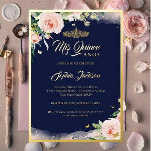 Pink Floral Navy Quinceanera Birthday Foil