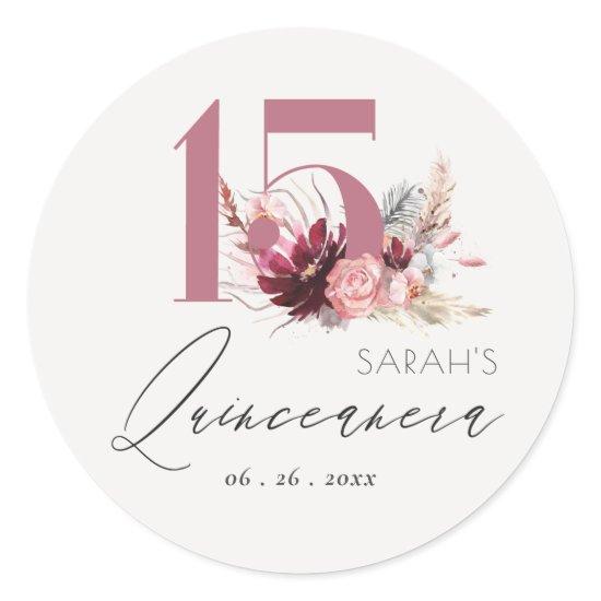 Pink Floral Pampas Grass Quinceanera 15th Birthday Classic Round Sticker
