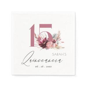 Pink Floral Pampas Grass Quinceanera 15th Birthday Napkins