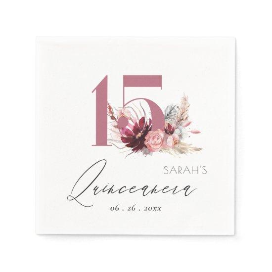 Pink Floral Pampas Grass Quinceanera 15th Birthday Napkins