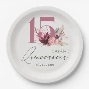 Pink Floral Pampas Grass Quinceanera 15th Birthday Paper Plates