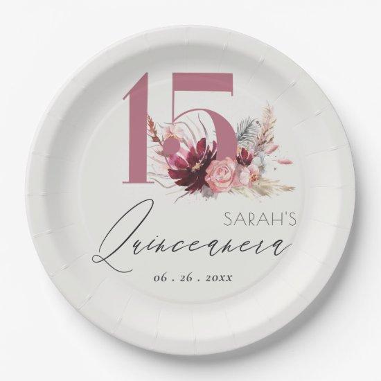 Pink Floral Pampas Grass Quinceanera 15th Birthday Paper Plates