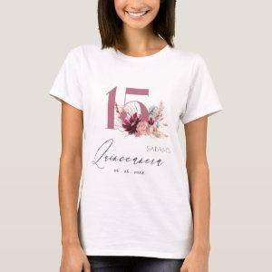 Pink Floral Pampas Grass Quinceanera 15th Birthday T-Shirt