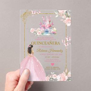 Pink Floral Princess Royal Castle Gold Quinceañera Acrylic