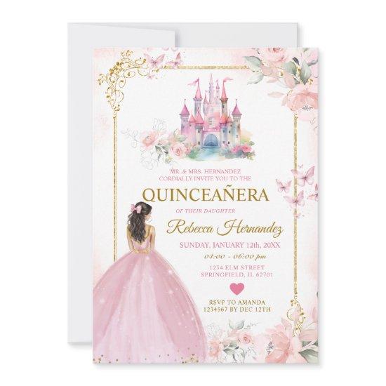 Pink Floral Princess Royal Castle Gold Quinceañera