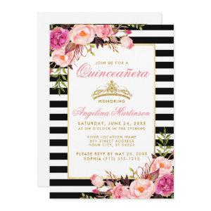 Pink Floral Quinceanera Gold Crown Striped Photo