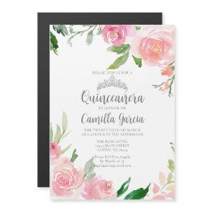 Pink Floral Quinceañera Party Silver Tiara Elegant Magnetic