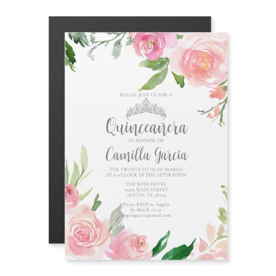 Pink Floral Quinceañera Party Silver Tiara Elegant Magnetic