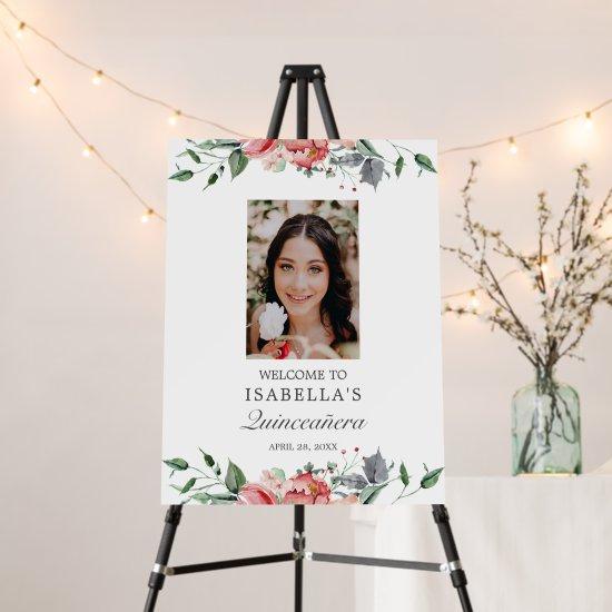 Pink Floral Quinceañera Photo Welcome Sign