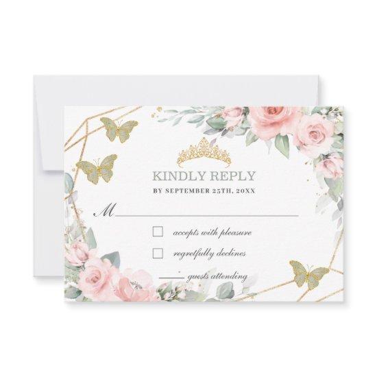 Pink Floral Quinceañera Sage Green Butterflies RSVP Card
