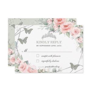Pink Floral Quinceañera Sage Green Butterflies RSVP Card