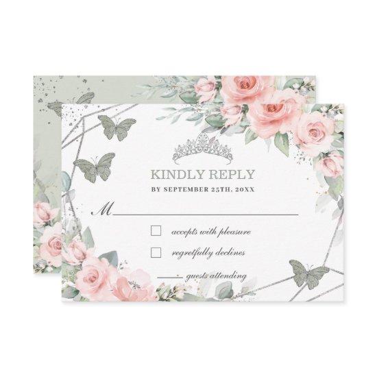 Pink Floral Quinceañera Sage Green Butterflies RSVP Card