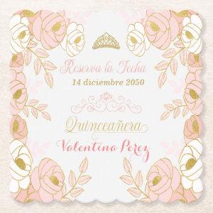Pink Floral Quinceanera Spanish Save the Date Paper Coaster