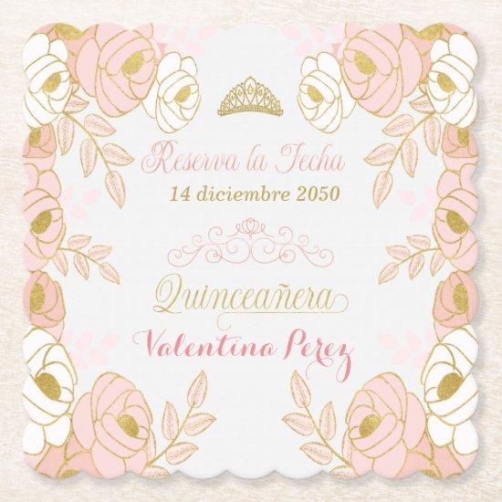 Pink Floral Quinceanera Spanish Save the Date Paper Coaster