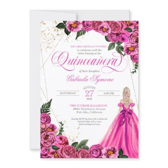 Pink Floral Rose & Gold Elegant Gown Quinceañera I