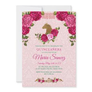 Pink Floral Rose & Gold Horse Quinceanera Birthday