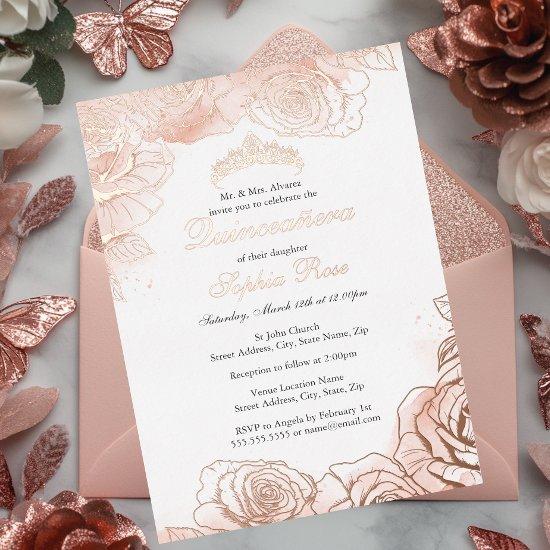 Pink Floral Rose Gold Quinceanera  Foil