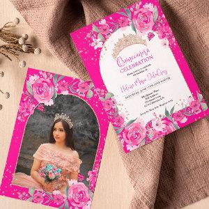 Pink floral Rose gold tiara princess Quinceanera