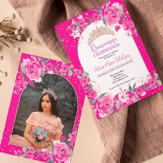 Pink floral Rose gold tiara princess Quinceanera
