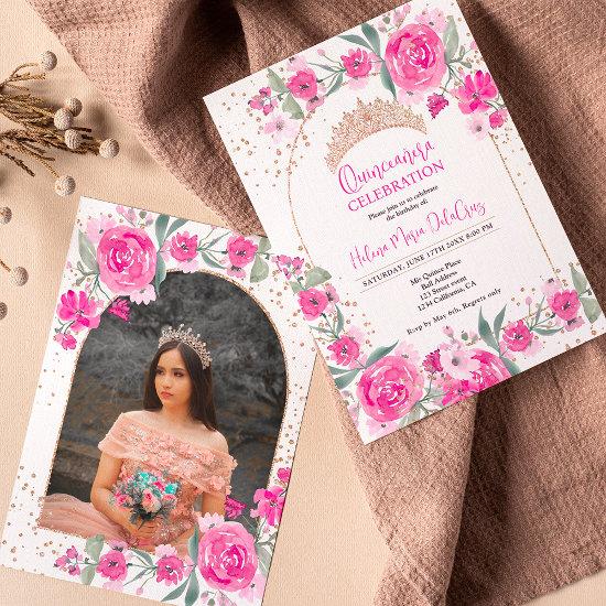 Pink floral Rose gold tiara princess Quinceanera