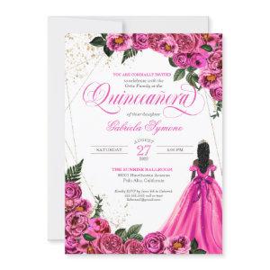 Pink Floral Roses & Gold Elegant Gown Quinceañera