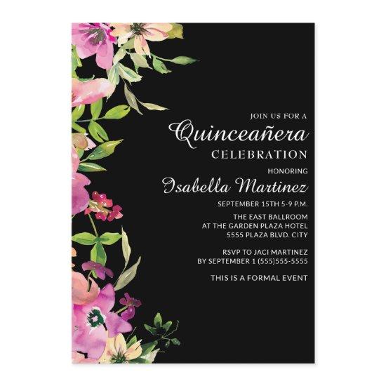 Pink Floral Sage Green Leaves Black Quinceañera