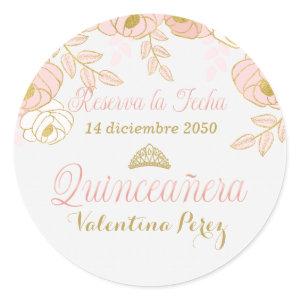 Pink Floral Spanish Quinceanera Reserva la Fecha Classic Round Sticker