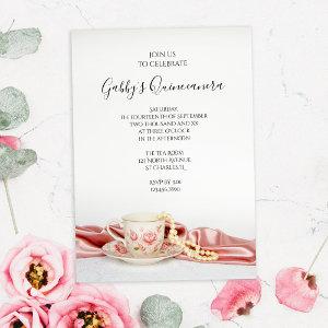 Pink Floral Tea Cup with Pearls Quinceanera Party