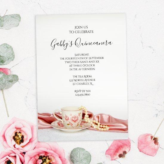 Pink Floral Tea Cup with Pearls Quinceanera Party