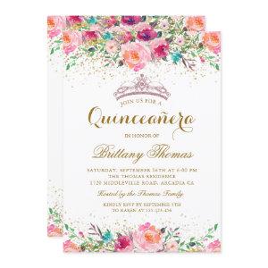 Pink Floral Tiara Quinceanera 15th Birthday Invite
