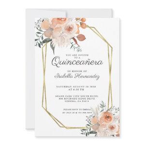 Pink Floral Watercolor Gold Frame Quinceanera