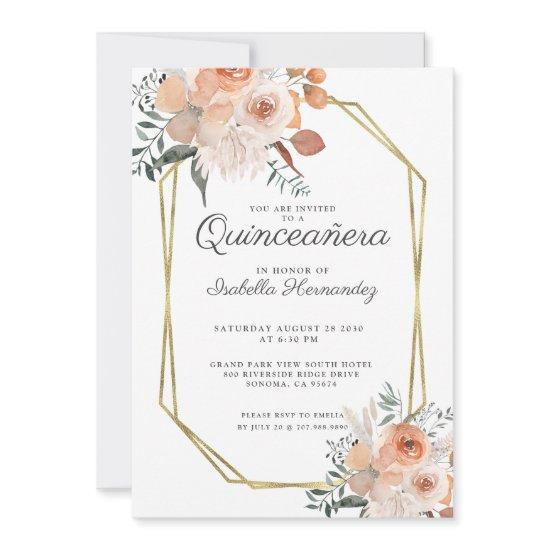 Pink Floral Watercolor Gold Frame Quinceanera